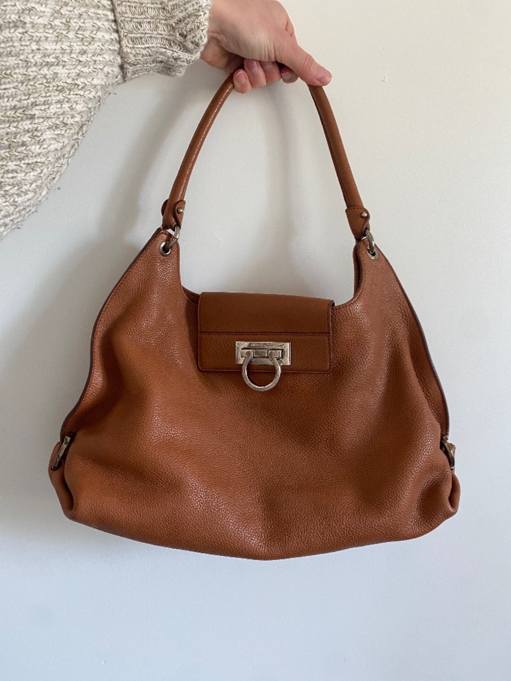 Authentic Salvatore Ferragamo Fanisa Cognac Pebbled Leather Hobo Bag